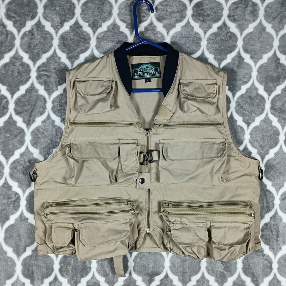 Woodfield Fishing Utility Vest Men Size Large Tan Multi Pocket Outdoor Travel